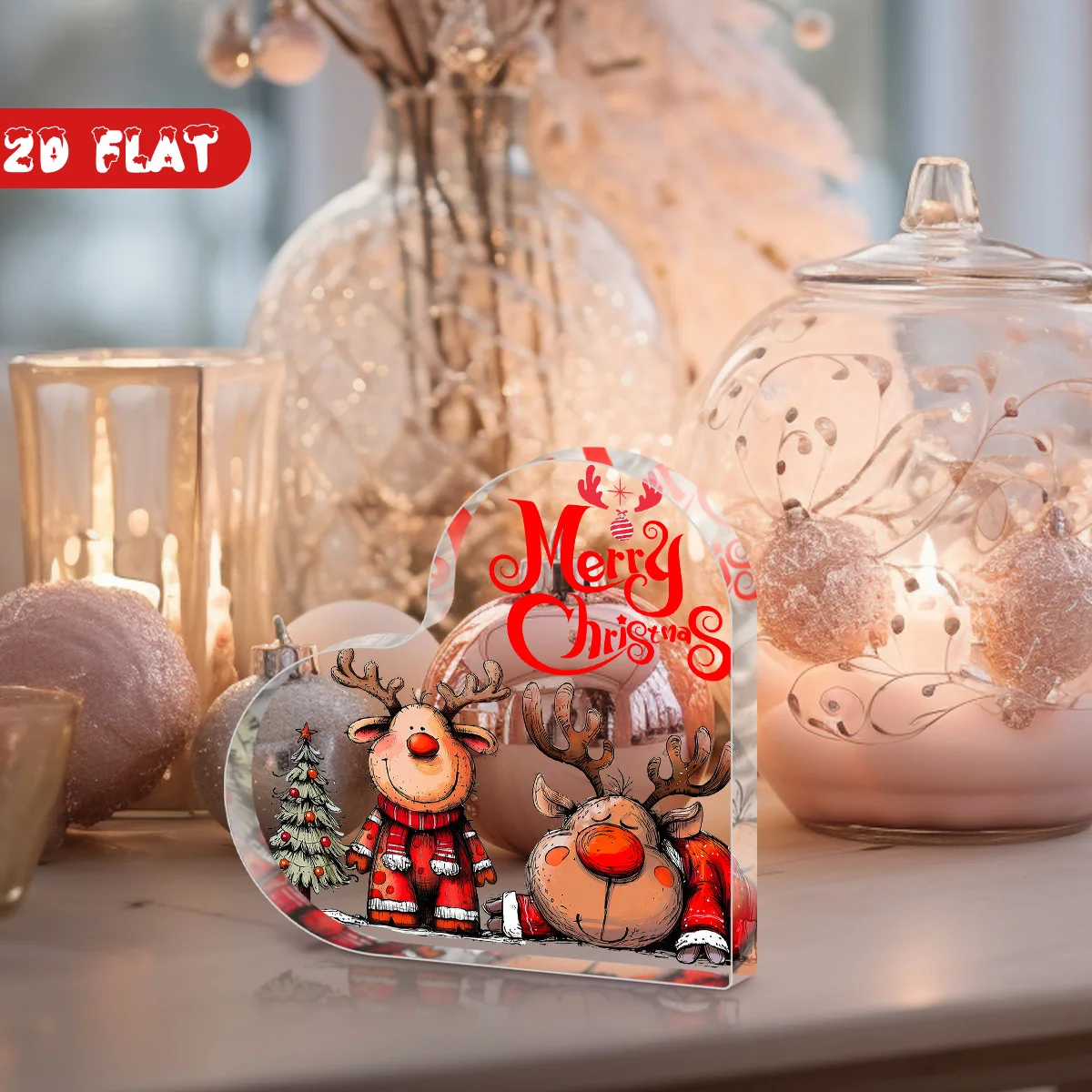 Cartoon Reindeer Winter Heart Acrylic Sign, Snowy Xmas Desktop Ornament
