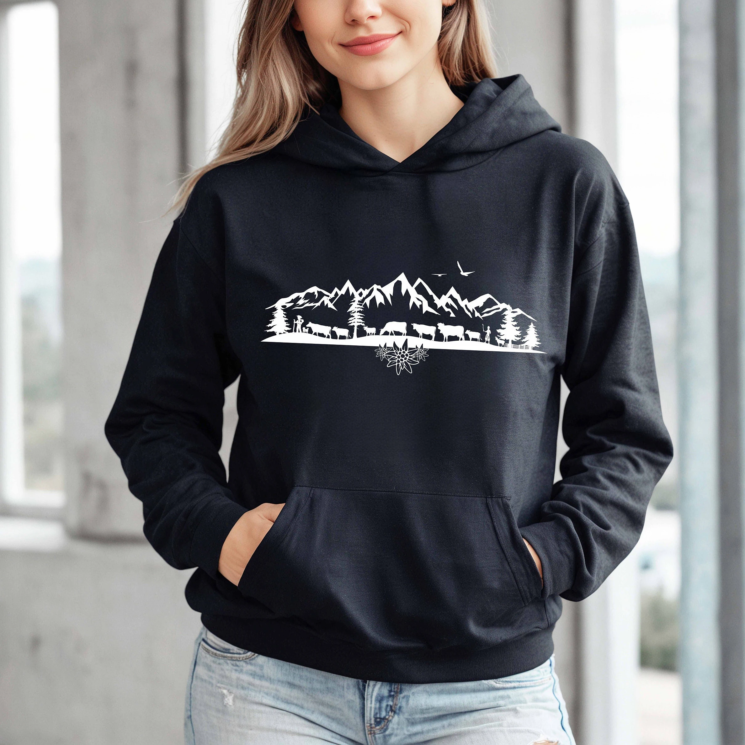 Pullover Sweatshirt with Hood Gift Nature Lover Farmer Hiking Women Cows Mountains Landscape Silhouette