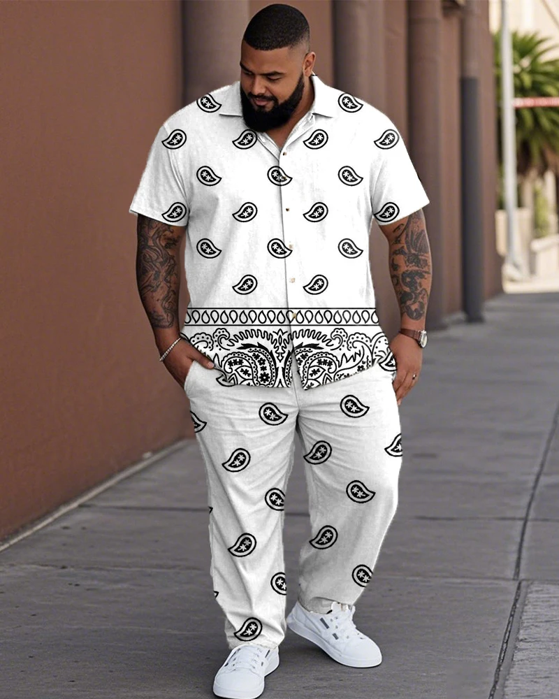 

Holiday style cashew flower short-sleeved shirt and trousers plus size men's suit