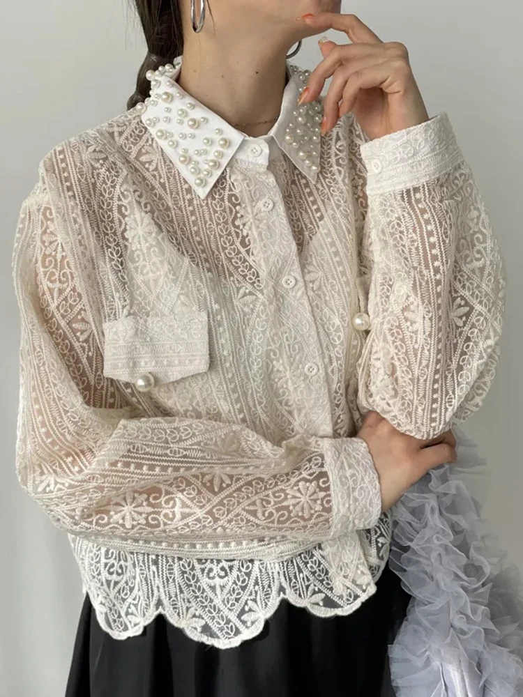 HAND-Made ลูกปัดตะขอดอกไม้ Hollow OUT เสื้อสีดําผู้หญิงแขนยาวหลวม Casual Cropped TOP เสื้อแฟชั่นเสื้อโปร่งใส