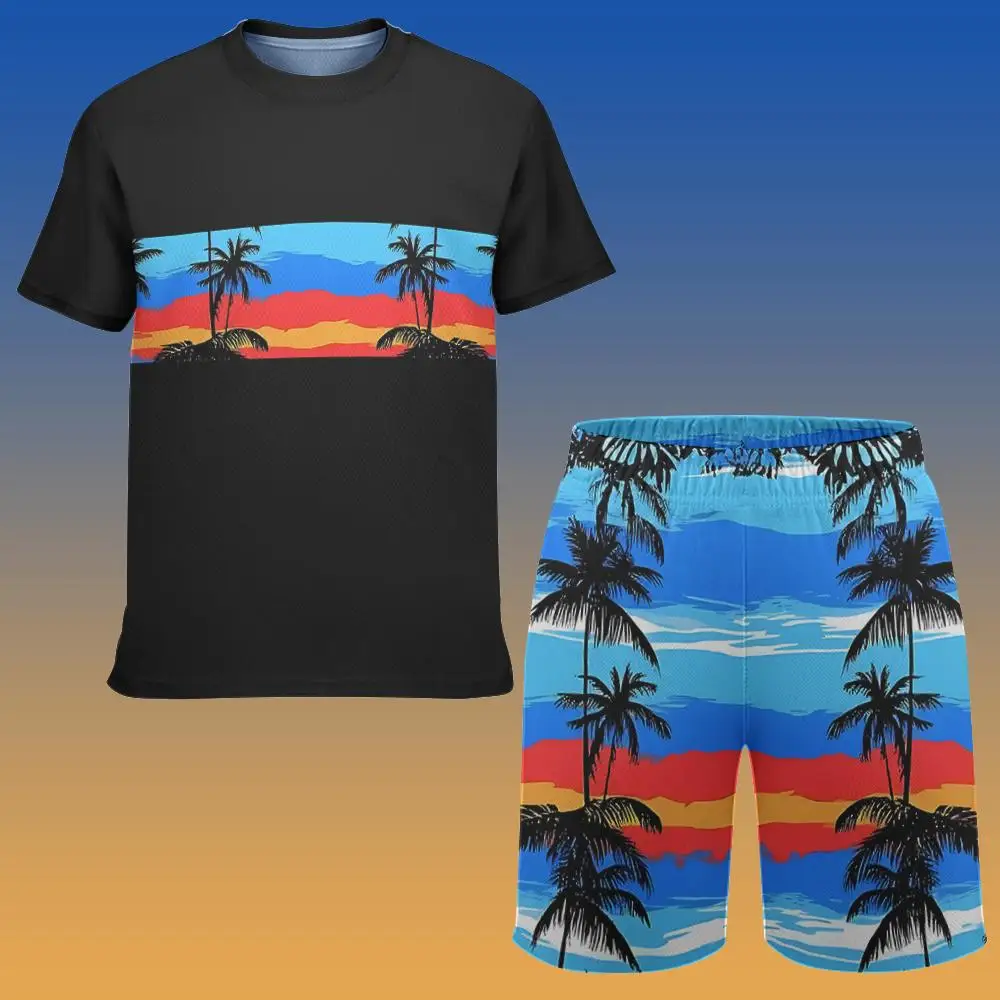 2025 New Daily Casual Short-sleeved Shorts Suit Men's Hawaiian Beach Print Pattern T-shirt Beach Surfing Quick-drying Shorts