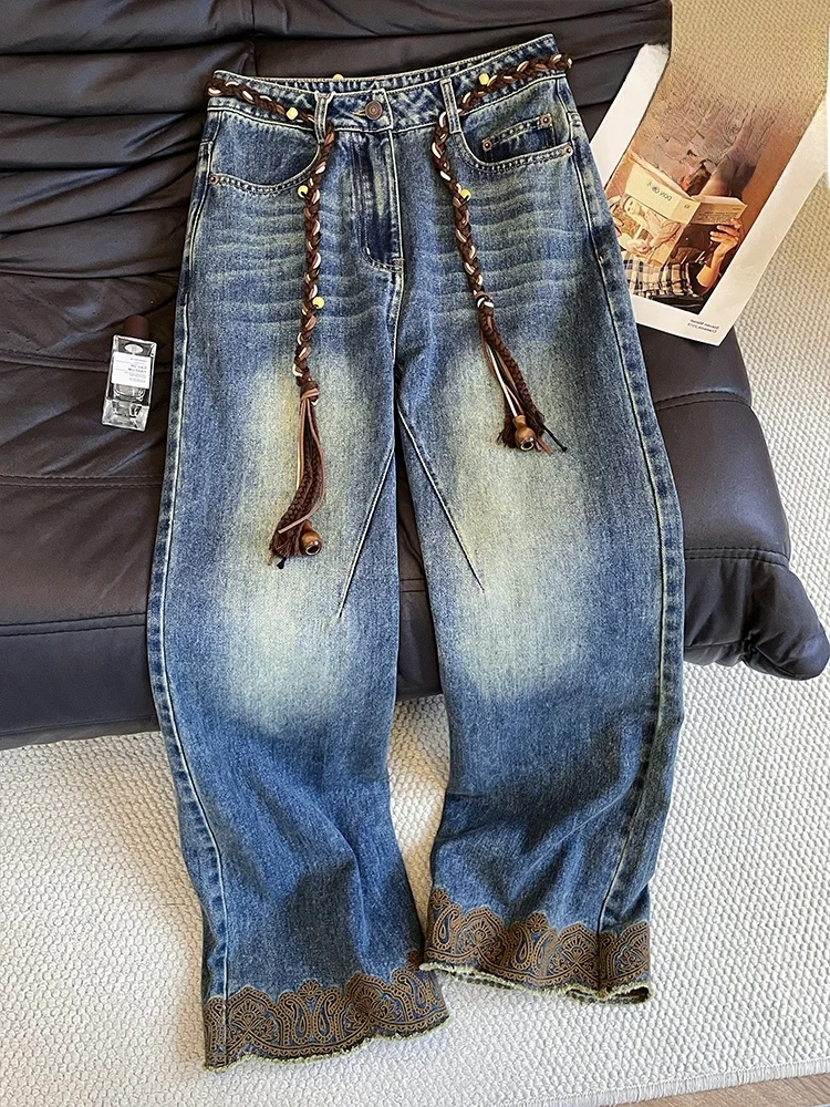 Retro Waed Embroidered Denim Jeans Loose Wide Leg Pants Women's Casual Comfortable Slimming High Waist Jeans Blue