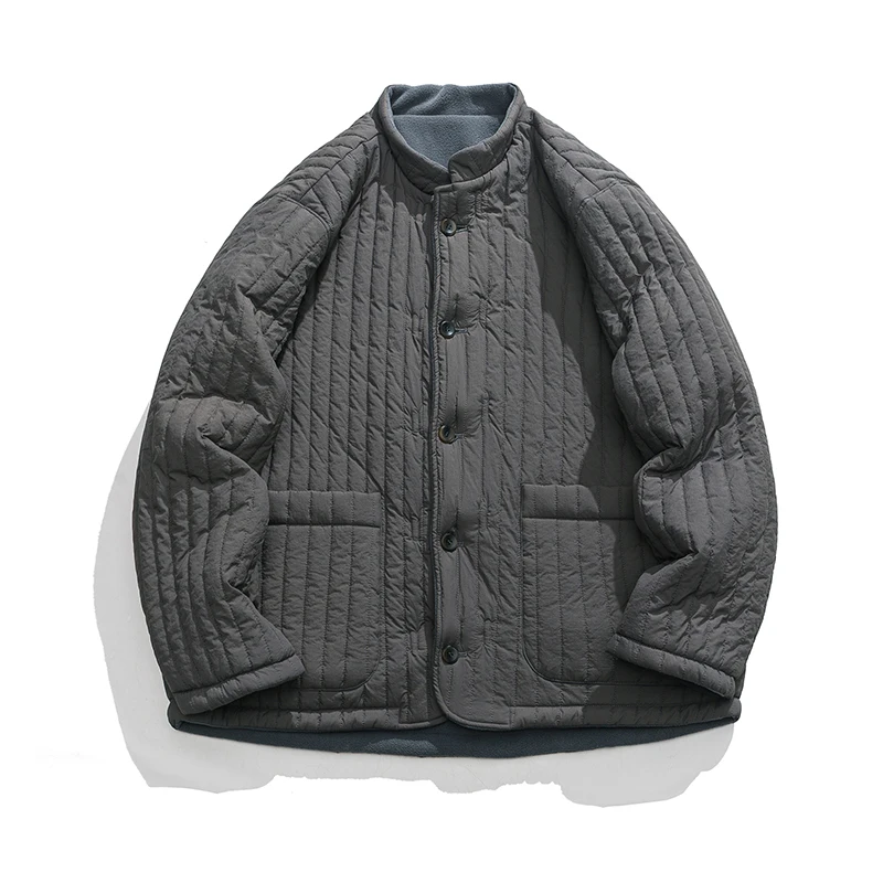 Men Vintage Quilted Cotton Parkas Men Solid Color Standing Collar Coats Chinese Style Harajuku Plush Warm Jacket Wear Both Sides