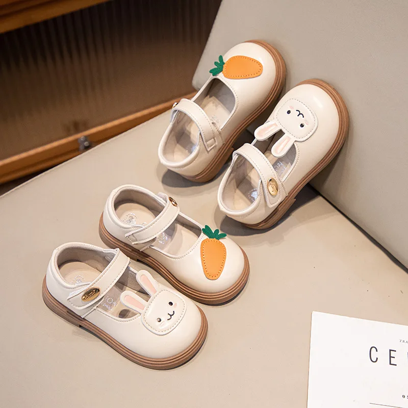 

Children Spring Autumn Cute Fashion Leather Shoes Girls Cartoon Rabbit Carrot Princess Shoes Womans Solid Color Soft Soled Shoes