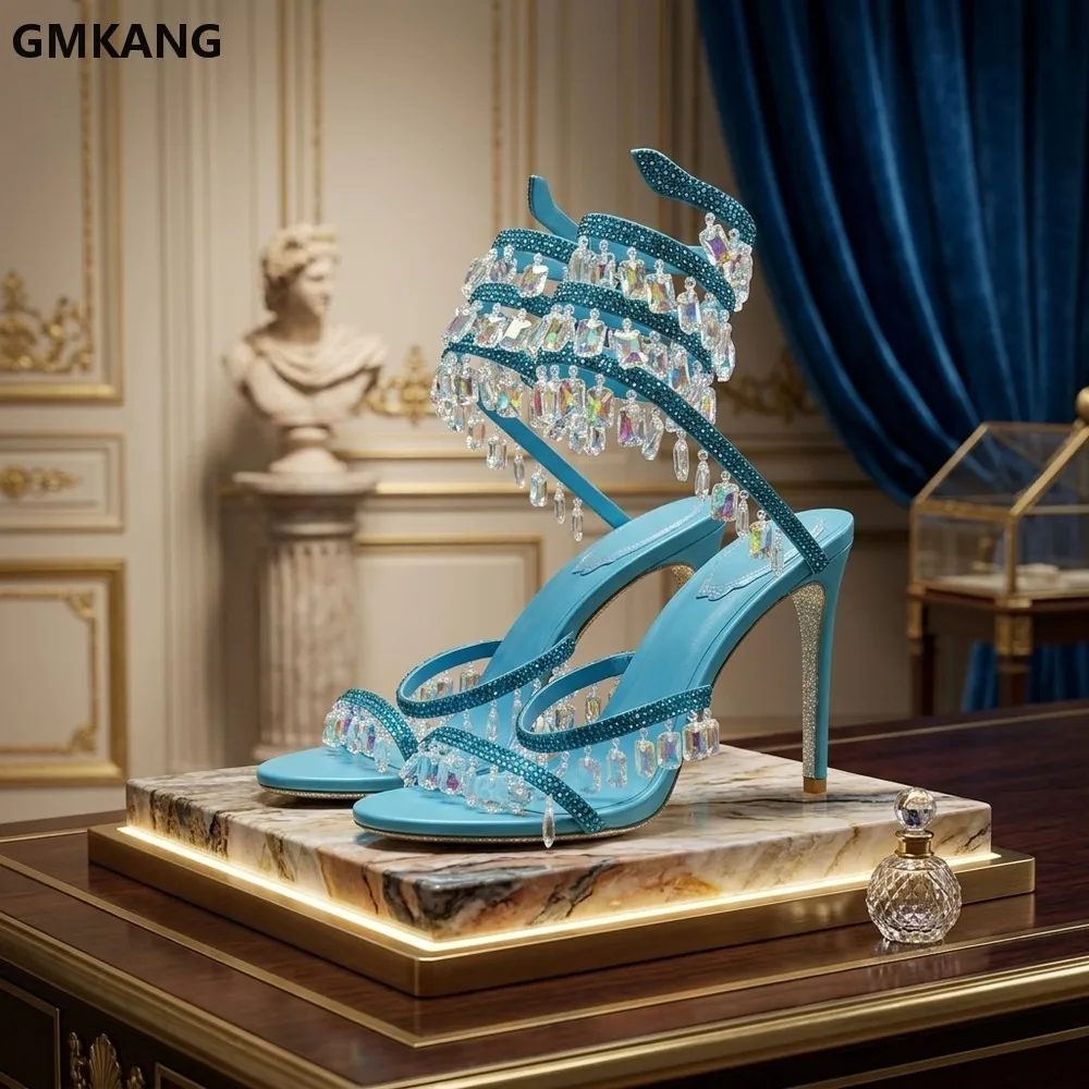 Women Rhinestone Stiletto Sandals High Heels Ankle Strap Snake Wrap Around Pendant Summer Dress Shoes Party GMKANG