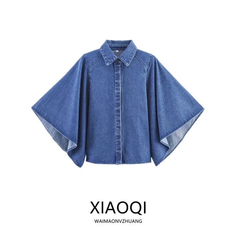 

Fall 2025 Women's Casual Long Sleeve V-Neck Denim Shirt Design Sense New Arrival Cotton Polyester Batwing Sleeve Anti-Uv