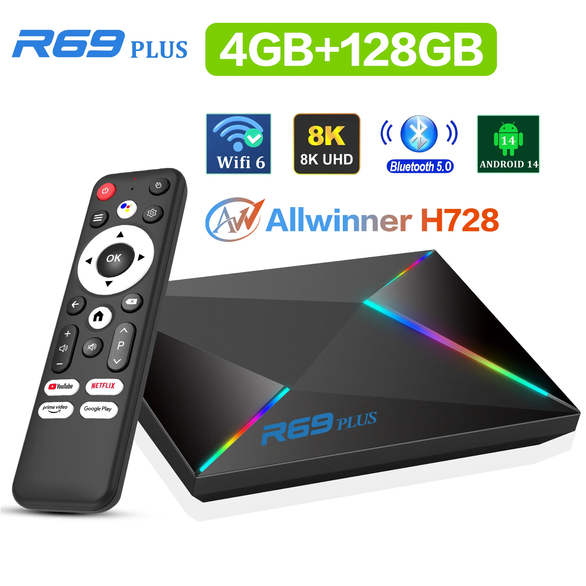 New Android 14 Global Version TV BOX R69PLUS Allwinner H728 Octa Core BT5.0 Ultra HD 4K8K Wifi 6 Ram 4GB Rom 128GB  Media Player