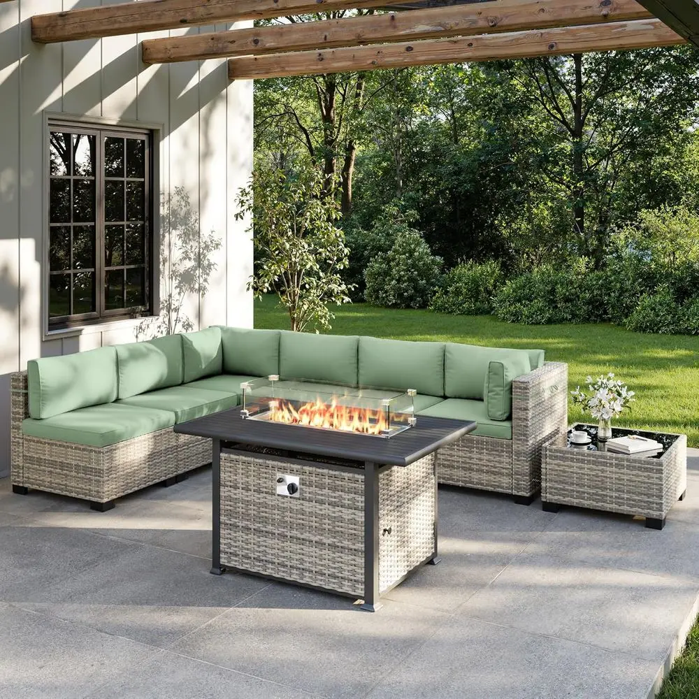 

All-Weather 8-Piece Outdoor Patio Furniture Set with 55,000 BTU Fire Pit, Light Green PE Wicker Rattan Sectional Sofa - Perfect