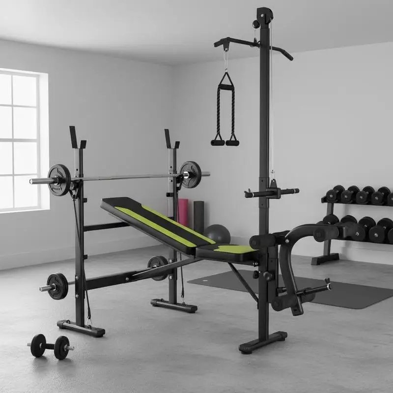 Banc de musculation Fitness pour entraînement complet, dossier réglable, cordes de traction, supports pour barres et haltères, noir et jaune, 175 x 110 x 202 cm
