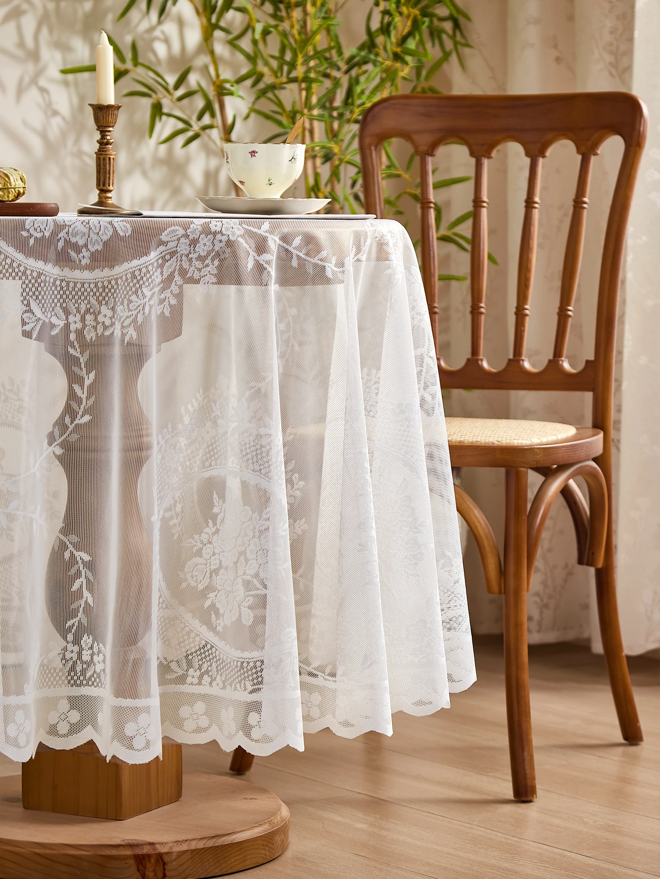 Mantel de encaje blanco, espejo redondo, patrón de vid de flores, decoración de mesa de comedor para sala de estar