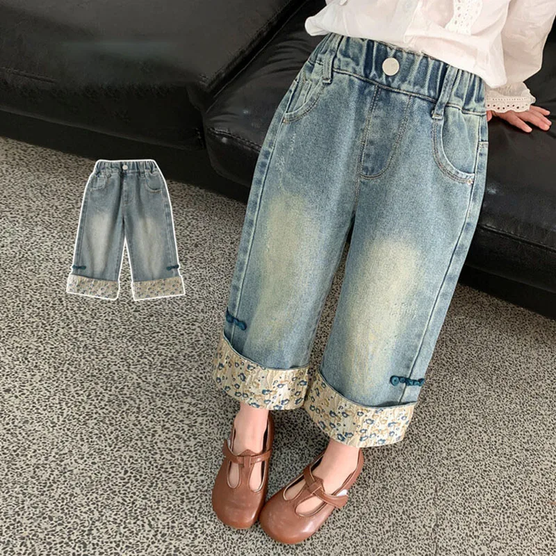 MILANCEL Girls' Jeans 2-7 Years Spring Retro Children's Demin Pants Fashion Patchwork Floral Kid's Trousers Girls Wide Leg Pants