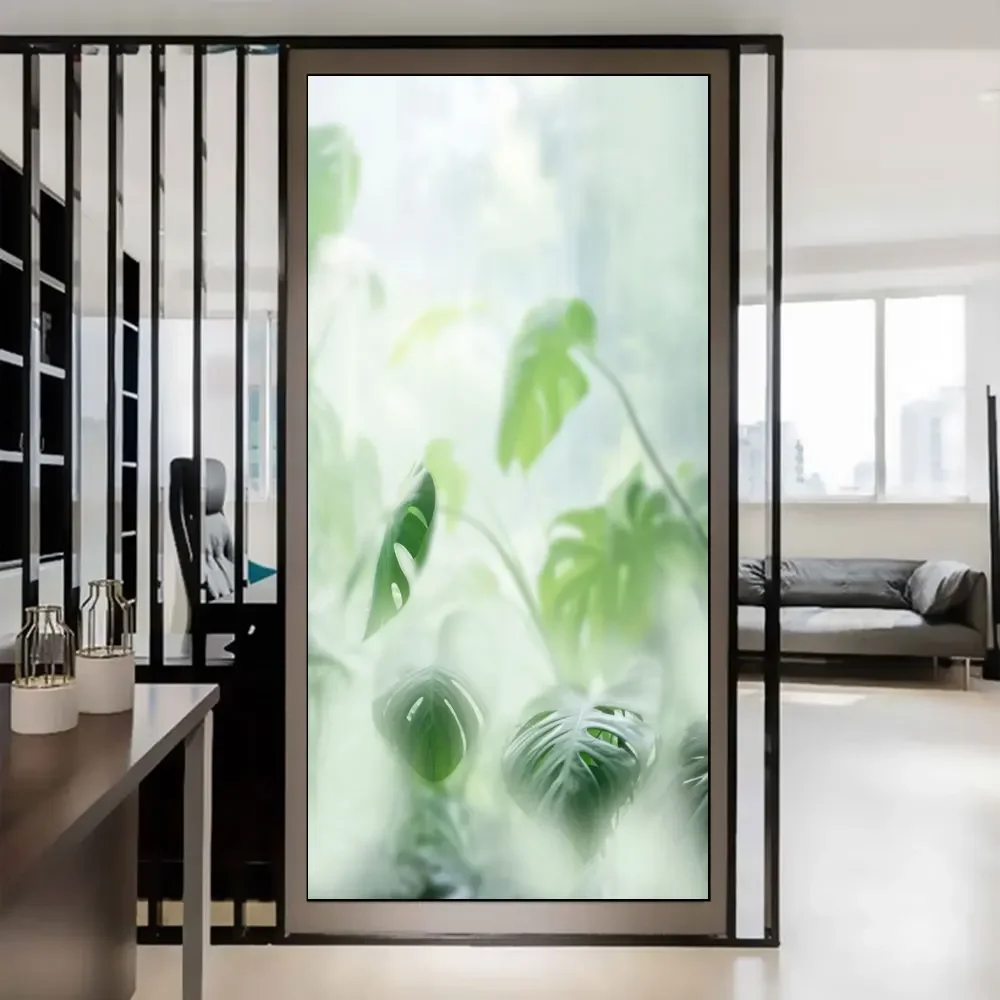 Película de privacidad para ventana adhesiva estática sin pegamento, pegatinas para ventana con patrón de planta verde, tinte para ventana para el