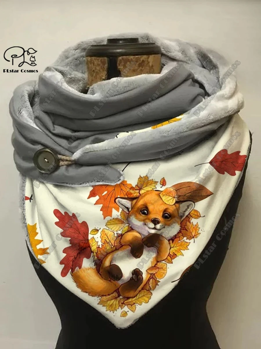 3D printing animal series cute fox fallen leaves snowflake pattern women\'s warm shawl spring and winter small triangle scarf H-2