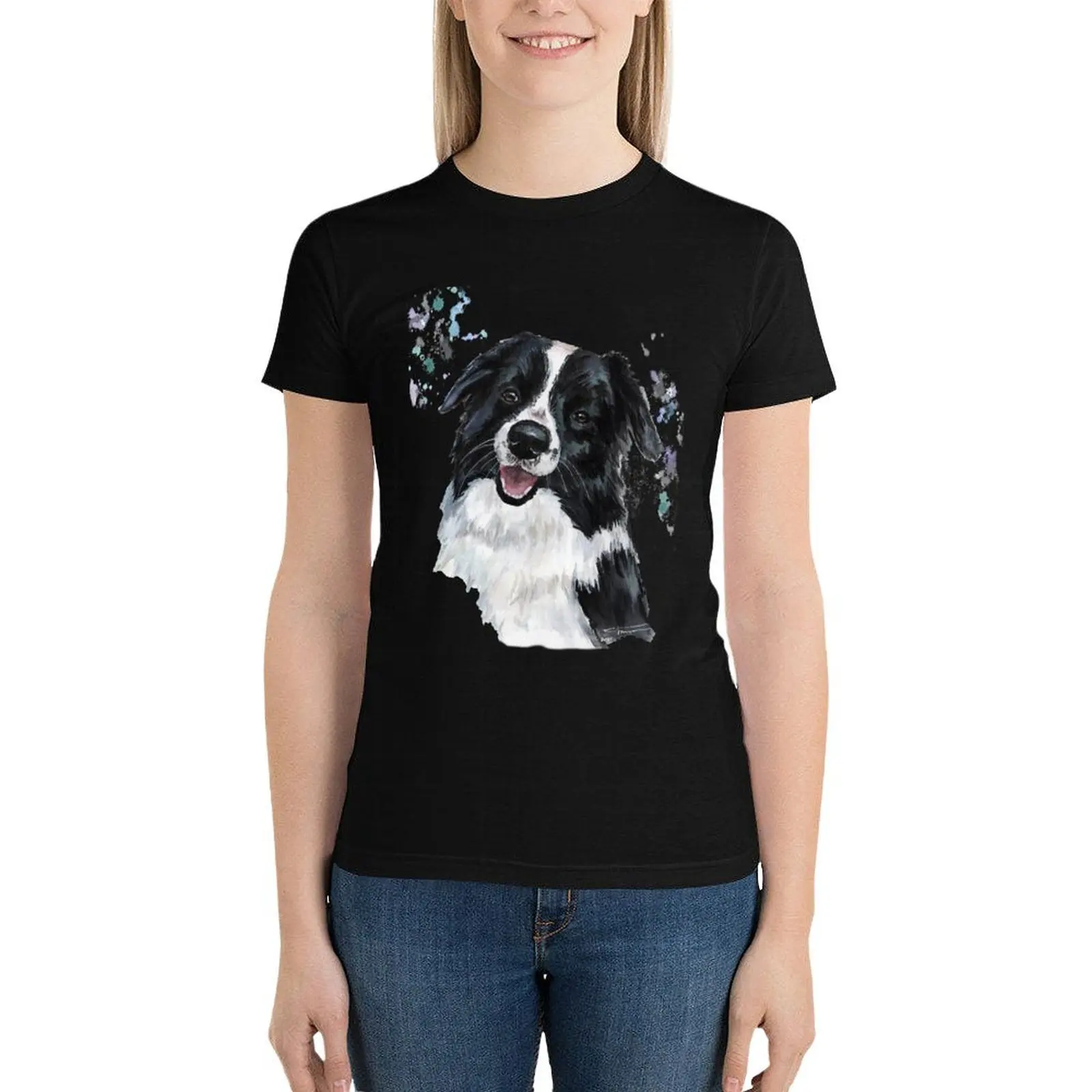 Watercolour Border Collie T-Shirt korean fashion lady clothes T-shirt Women