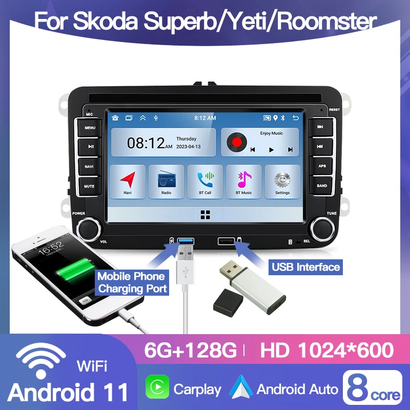 Andrioid 7Inch 2 Din For VW/Seat/Skoda Superb/Yeti/Roomster Car Radio Multimedia Player GPS Navi BT RDS DSP QLED Carplay Screen