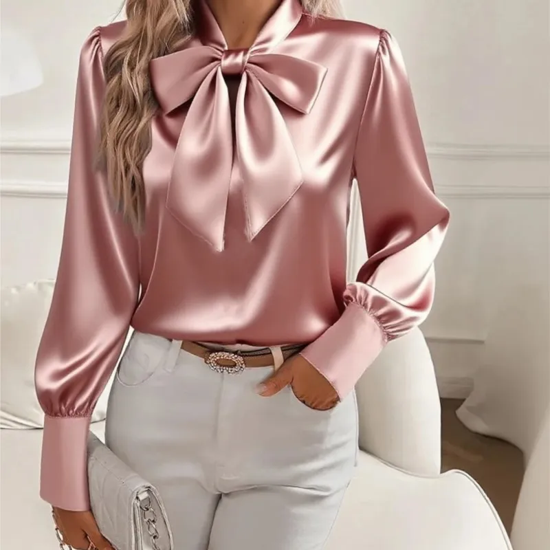 خريف جديد بلون مثير الجوف القوس الساتان قميص المرأة عادية مريحة طويلة الأكمام Blusas Elegante الأنثوية #4