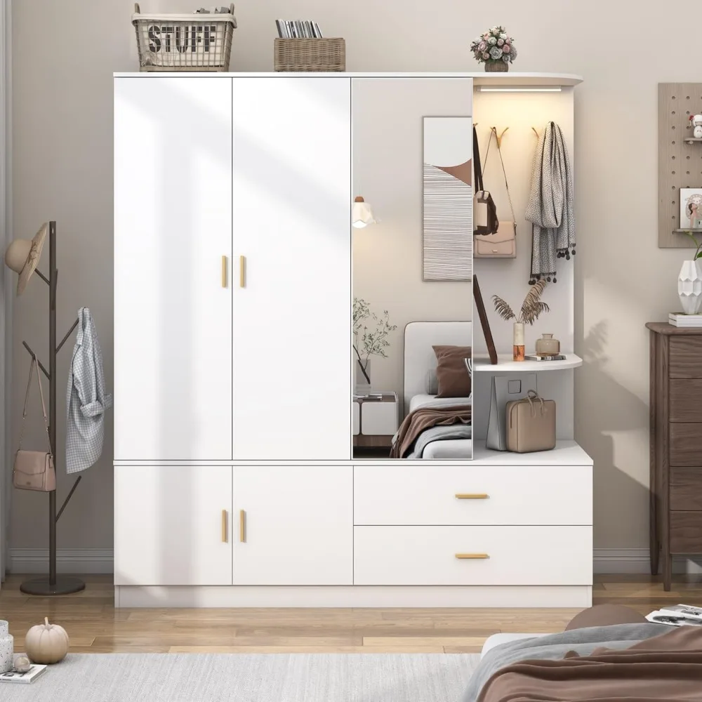 Wardrobe with Mirror and Sensor Light, 5 Doors 2 Drawers, with Shelves, 4 Hooks, 2 Hanging Rails, Open Space