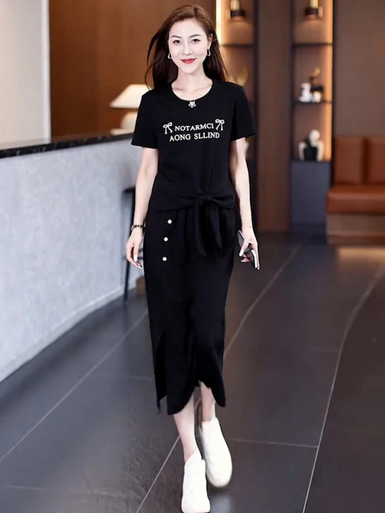 Faionable Sportswear Set Women's ort Sve Split  Skirt Two Piece Suite Casual Comfortable Breathable Cotton round Ne