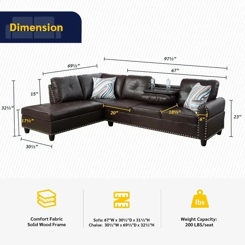 

-Faux Leather Left Facing Sectional Sofa 2 Piece ,furniture Living Room Sofa Luxury Modern Sofa Brown