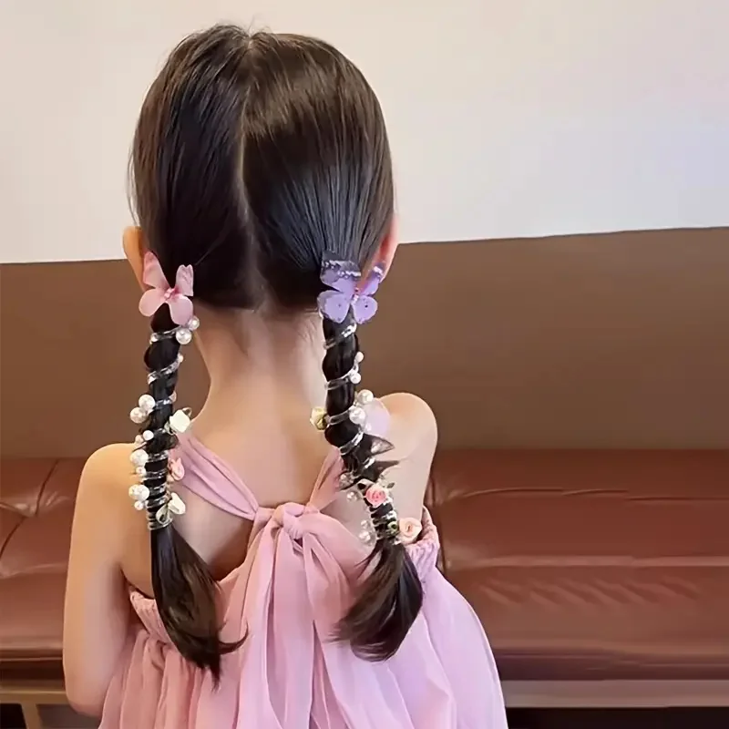 قطعتان من عصابة الرأس الشبكية على شكل فراشة للفتيات بتصميم دائري لطيف من اللؤلؤ والزهور مثالي لإكسسوارات الشعر اليومية والحفلات