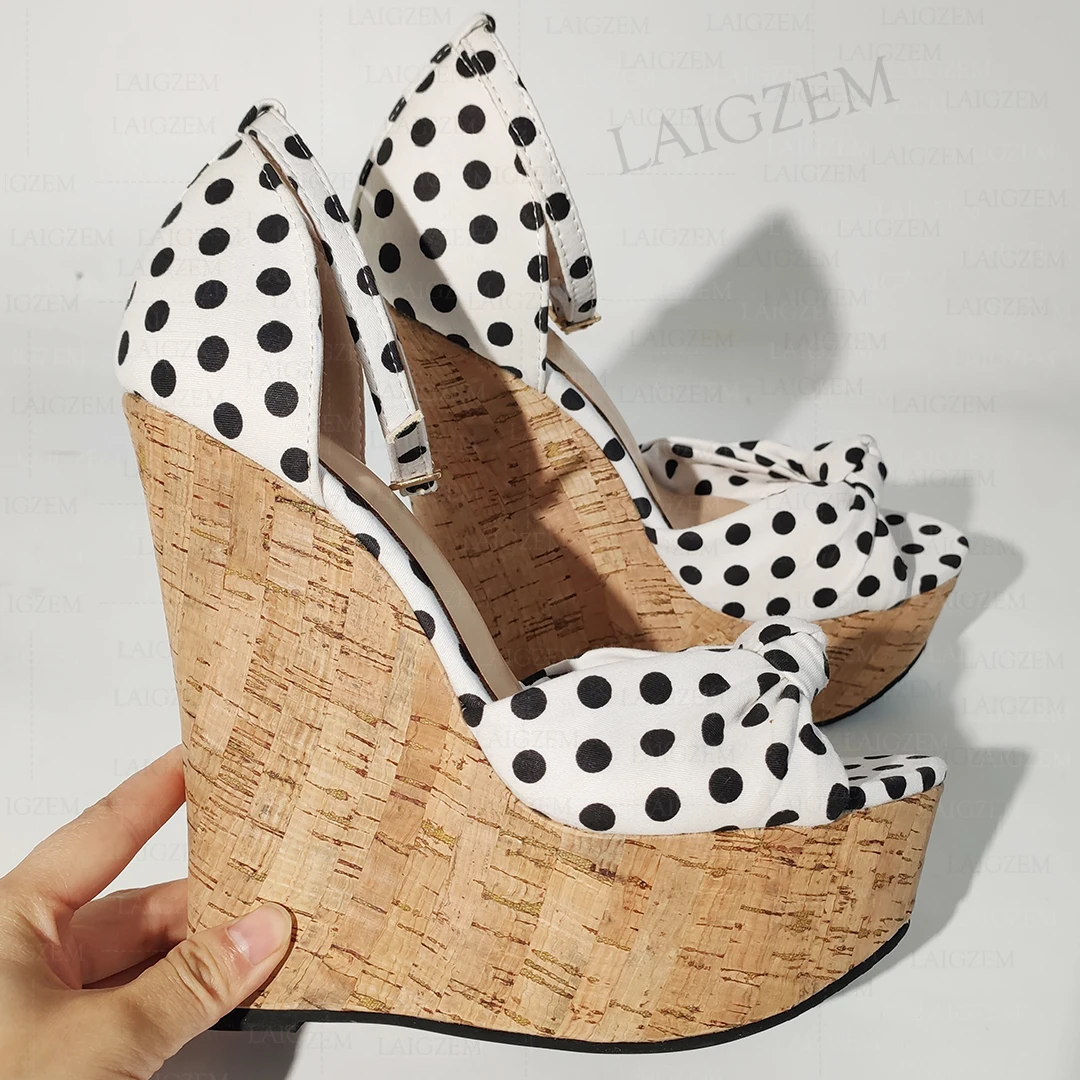 LAIGZEM Women Sandals Platform Wedges Polka Dots Buckle Strap Open Toe Pumps High Heels Ladies Shoes Woman Big Size 38 41 42 48