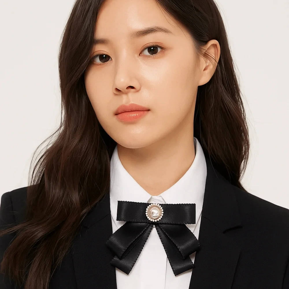 반짝이는 단색 블랙 리본 핀 진주 라인스톤 블랙 보우 넥타이 다층 로리타 장례식 기념 핀 남성용