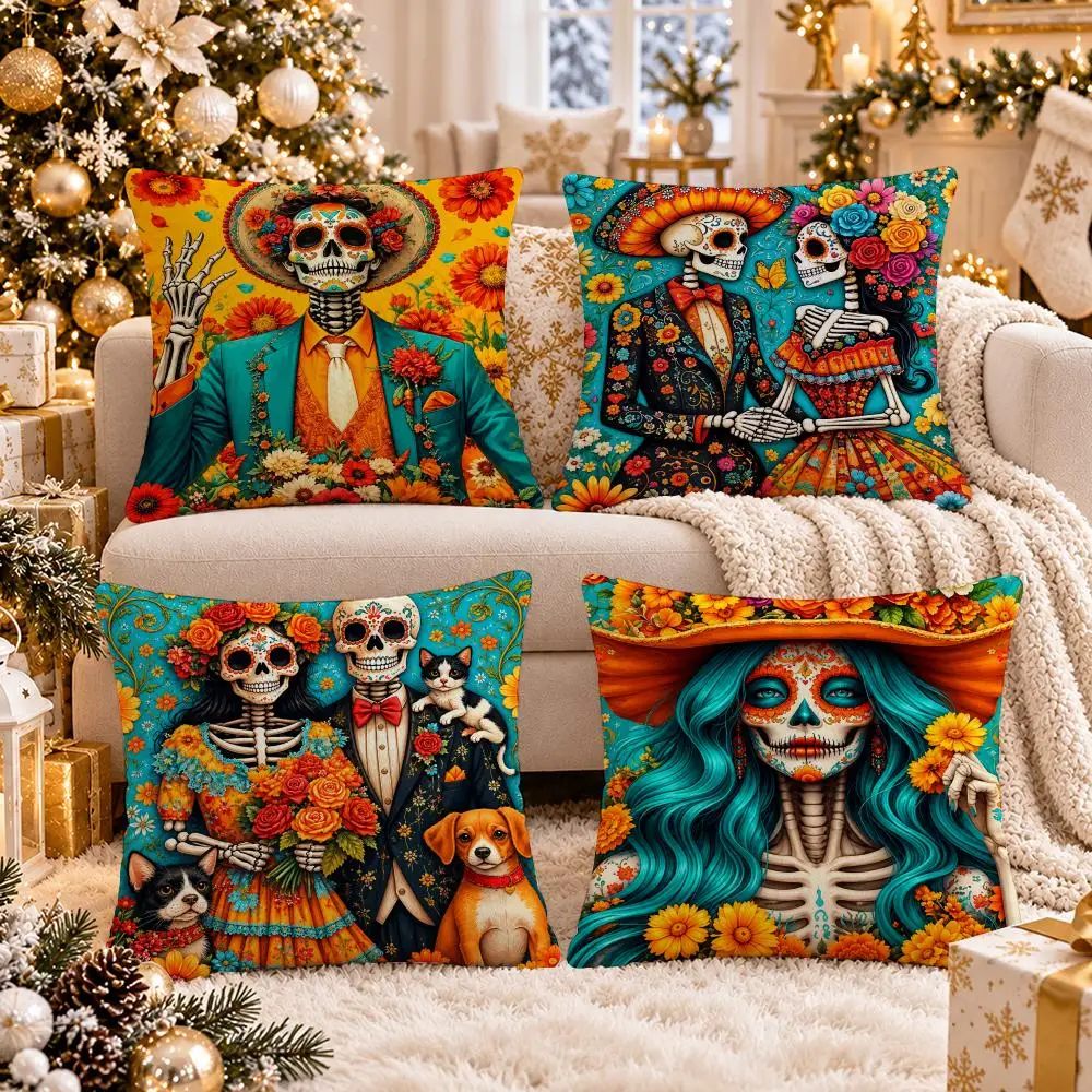 Marigold Skeleton Fiesta Originals Cushion Cover 1/4Pcs Soft Plush Cushion Case Throw Pillowcase Cozy Home  Living Room Decor