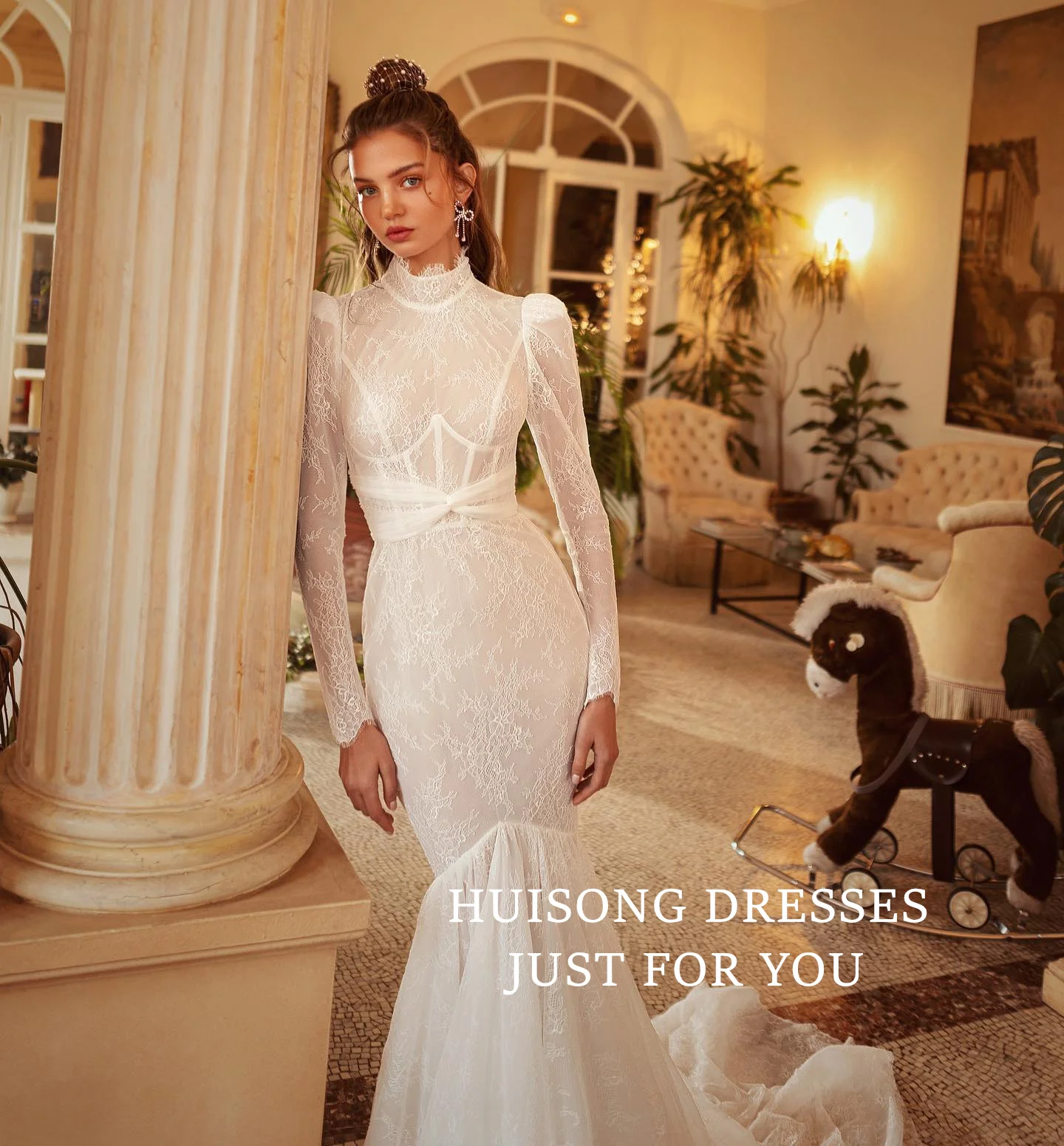 

HUISONG Customized vestidos mujer Modest Lace Appliques Mermaid Wedding Dresses High-Neck Long Sleeves Beach Bridal Gown שמל
