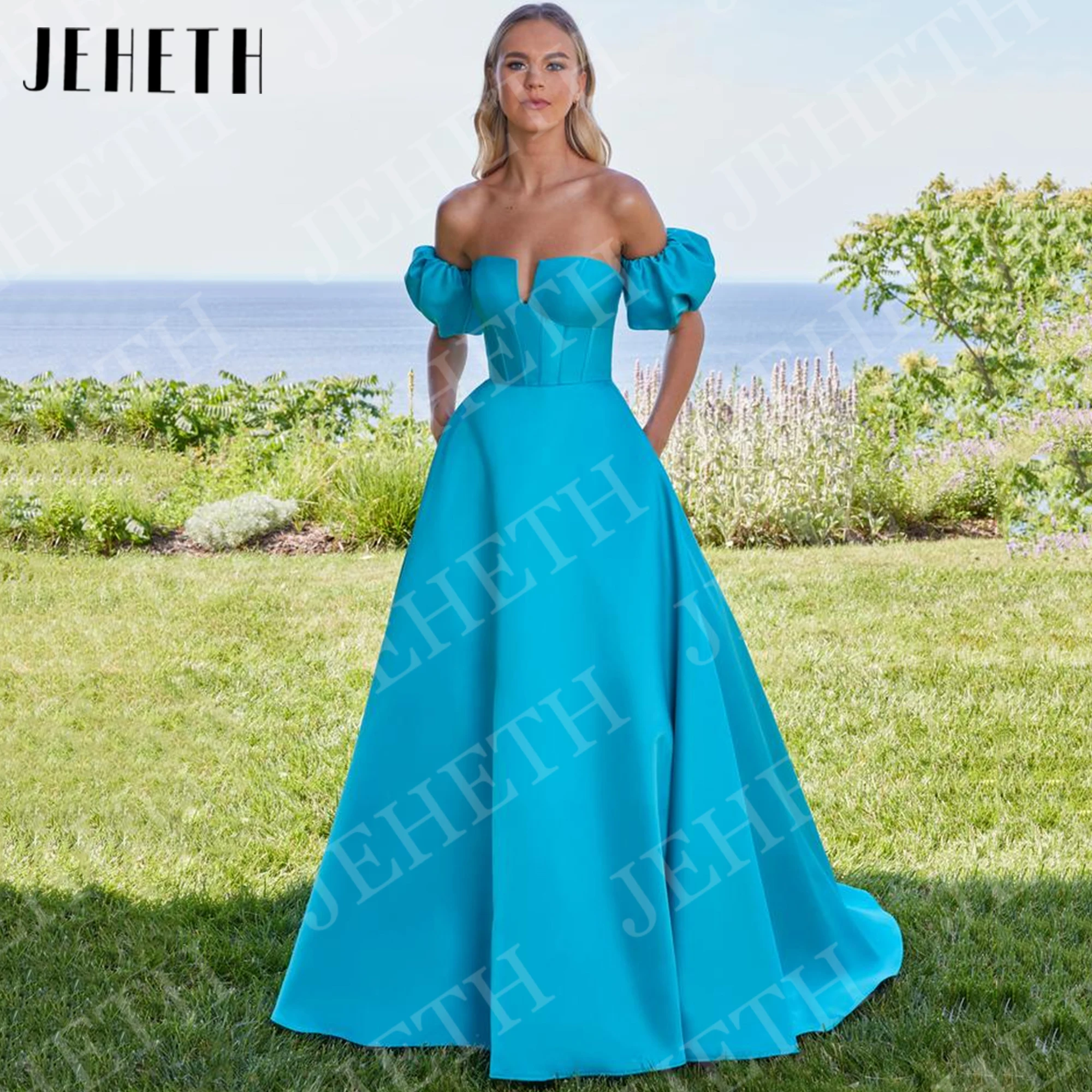

JEHETH Prom Dresses Elegant Evening Party Blue Woman Off Shoulder Puff Sleeves Satin Ceremony Dress A Line Formal Customized