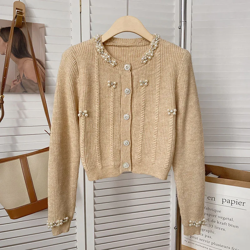 Vintage Knitted Cardigans Women Spring Autumn New Beading O-neck Single Breasted Warm Sweater Coats Gentle Elegant Female Tops