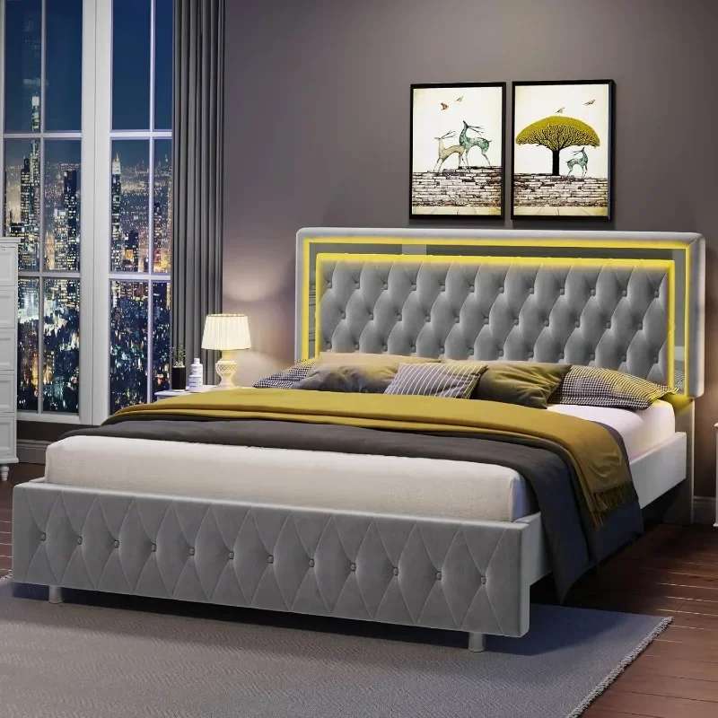 ZHENXIANG Queen Bed Frame with LED Lights Headboard&Footboard, Velvet Upholstered Queen Size Platform Bed Frame No Box Spring