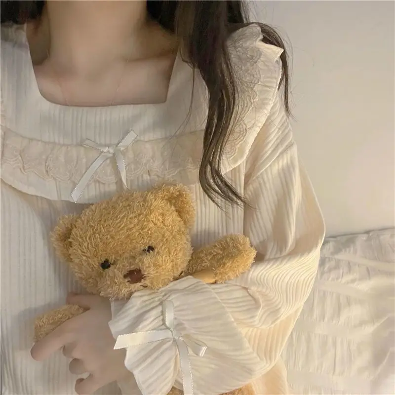 Ladies Spring Pajamas Lacework Nightdress Casual Loose Sleepwear Solid Color Bow Pyjamas Long Sleeve Square Collar Home Wear Set