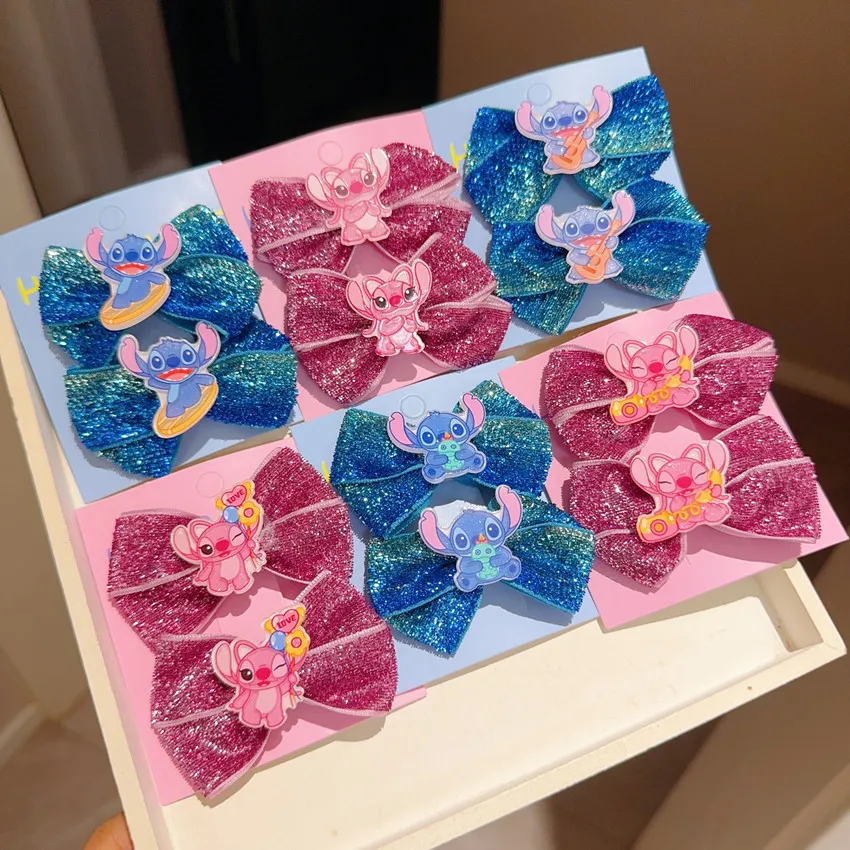 

New Disney Stitch Bow Hair Clips Kawaii Child Pair Pink Hair Clips Side Girl Gift
