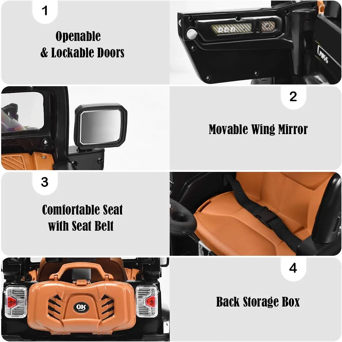 Passeio em carro, carro alimentado por bateria de 12V com 2 motores, controle remoto parental, portas abertas, luzes, MP3, música, buzina, suspensão de mola