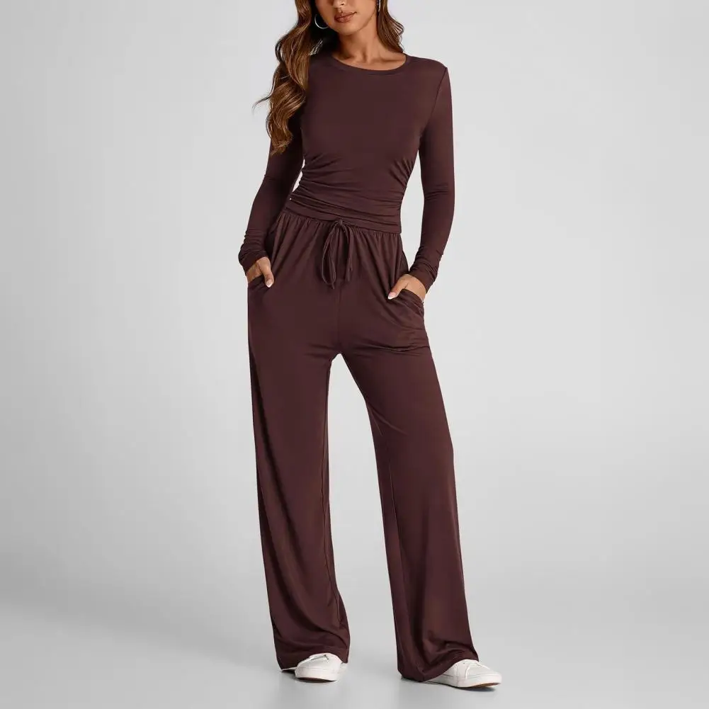 Women Top Pants Set for Spring Fall,Soft Lounge Elastic Waist Loose Wide Leg Pants, Solid Color Lounge 2-Piece Set