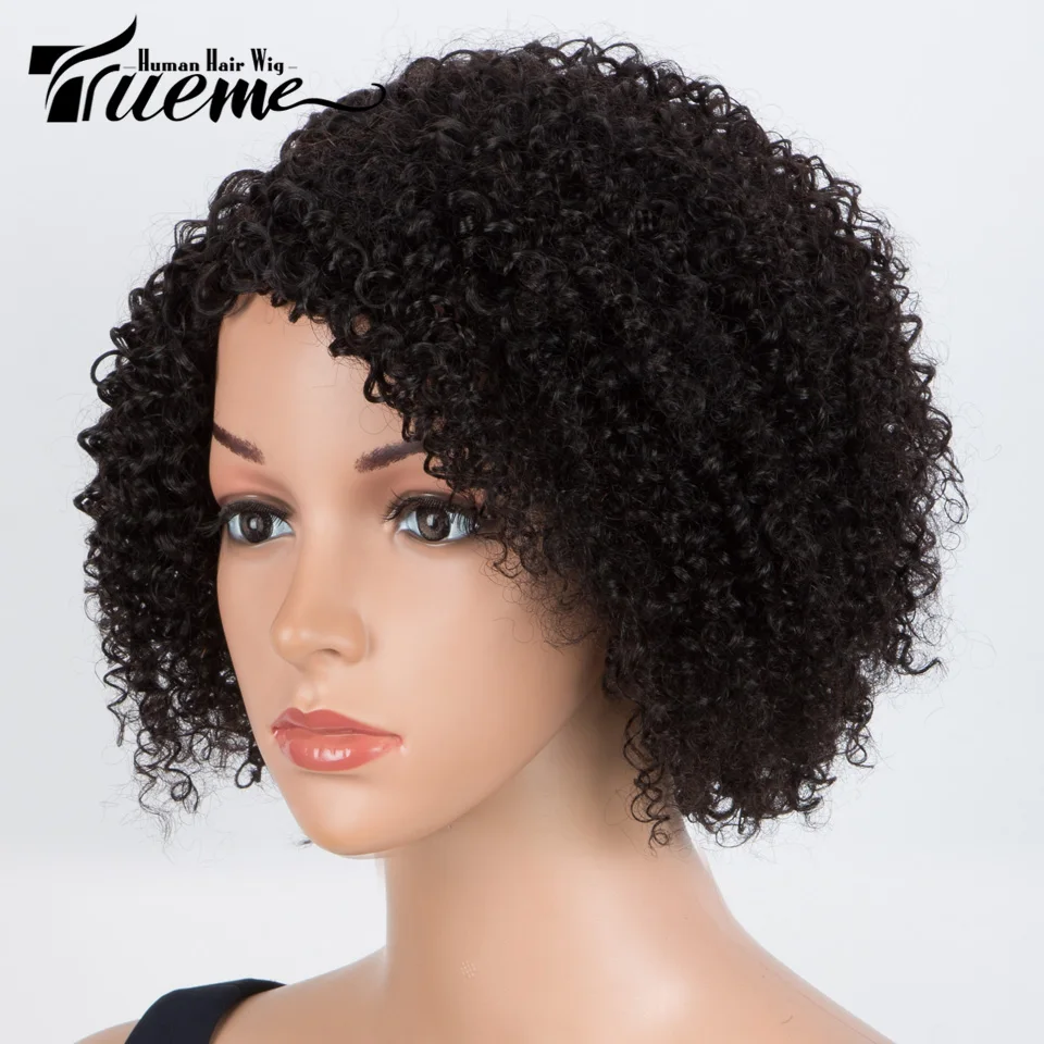 Trueme 180% Short Kinky Curly Bob Human Hair Wigs For Women Brazilan Black Ombre Highlight Brown Curly Human Hair Wig With Bangs