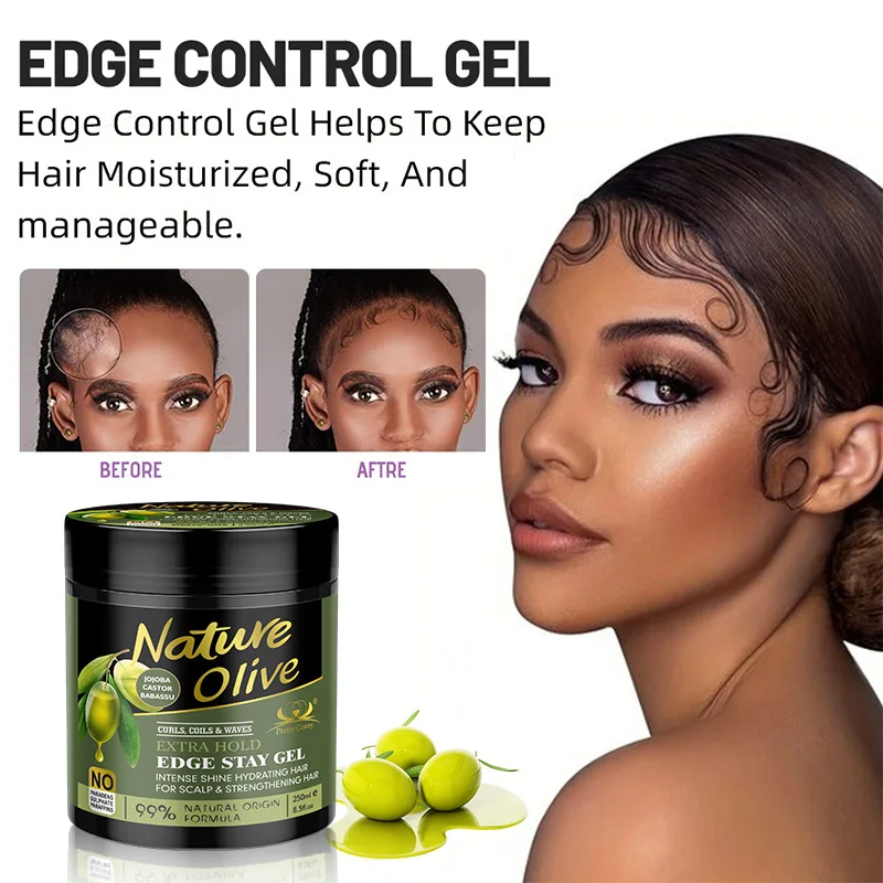 Pretty Cowry Natural Olive Hair Wax 24-hour strong hold edge stay gel, flake-free and non-greasy, suitable for all hair textures