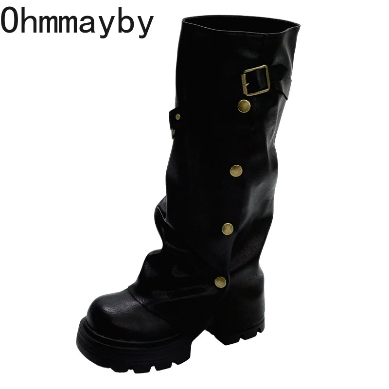 Autumn Winter Women Platform Knee High Boots Buckle Strap Metal Button Decor Shoes Thick Sole Vintage Western Style Long Botas - view 6