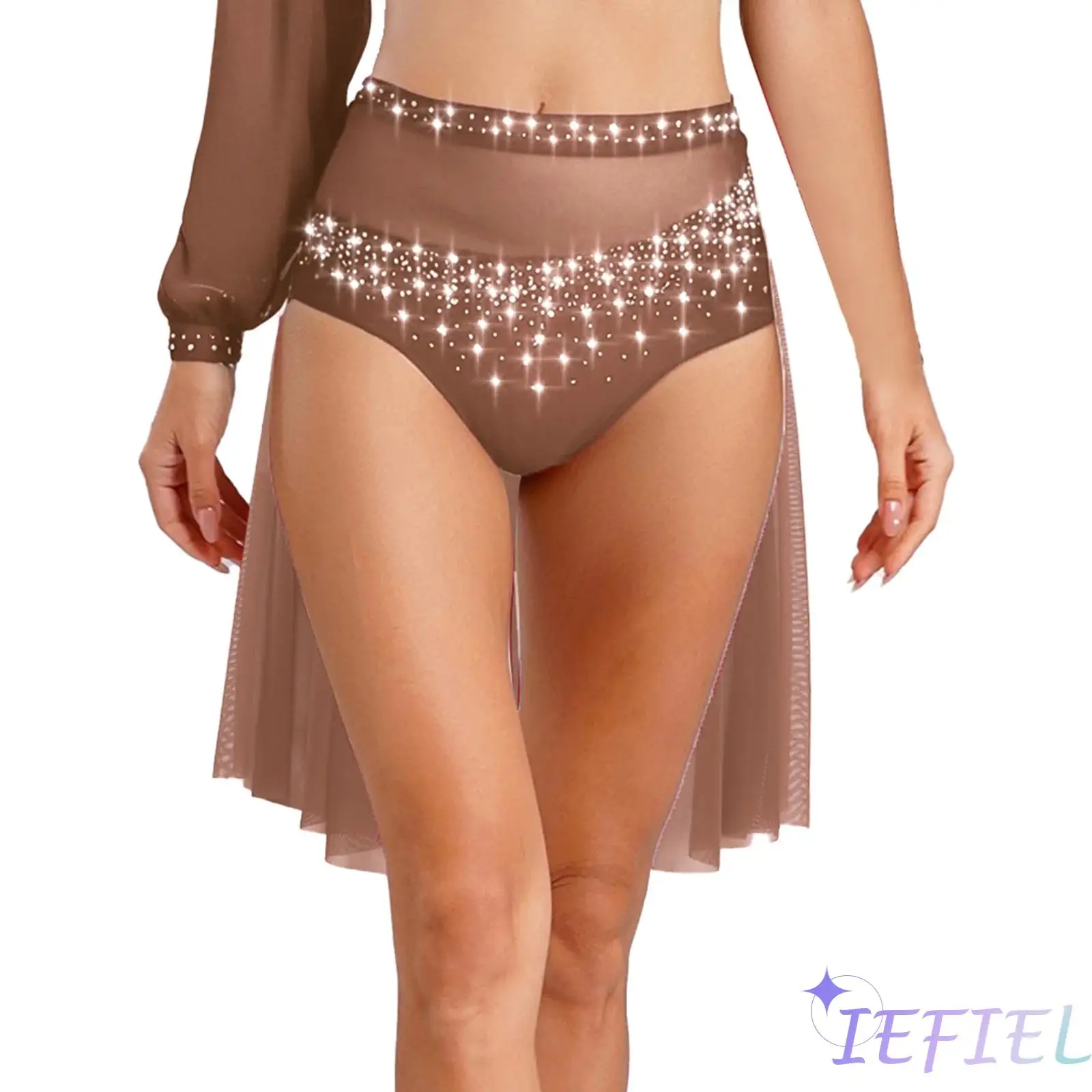 

Women Contemporary Jazz Dance Bottom Lyrical Dance Costume Elastic Waistband Sheer Mesh Patchwork Shiny Rhinestone Skirt