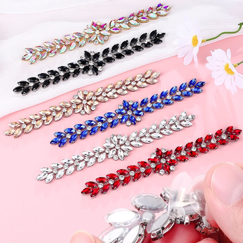 DUCrystal 1 Stück Selbstklebende Strass-Kristallglas-Dekorationskette Mehrfarbig für Hochzeitskleid-Applikationen DIY-Handarbeiten