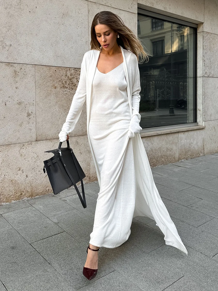 CHIC Autumn Winter Casual Cozy Women's Long Cardigans Sexy Tank Dress Two Pieces Set Knitted Cardigan Sweater Loose Outerwear