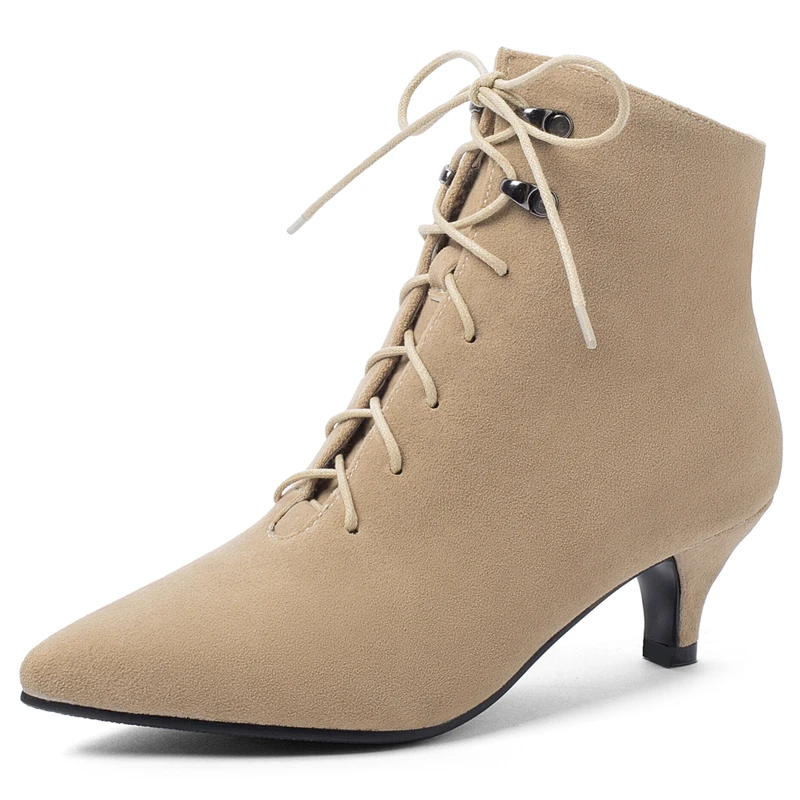 Fashion Lace Up Ankle Boots For Women Casual Low Heels Pointed Toe Beige Gray Women\'s Ankle Boots Short Shoes Lady Large Size 48