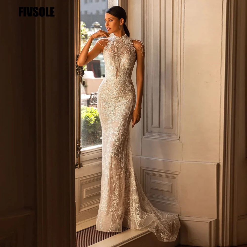 High Neck Wedding Dress Ruched Tulle Backless 2023 Boho Beaded Sequins Appliques Beach Sweetheart Bridal Gowns Vestidos De Novia