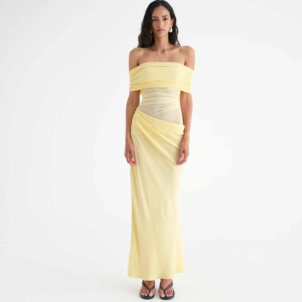 Fashion Women Ceremony Dresses Spandex Tulle Sheath/Column Evening Dress Pale Yellow Off-the-shoulder Pleat Prom Dress Long 2025