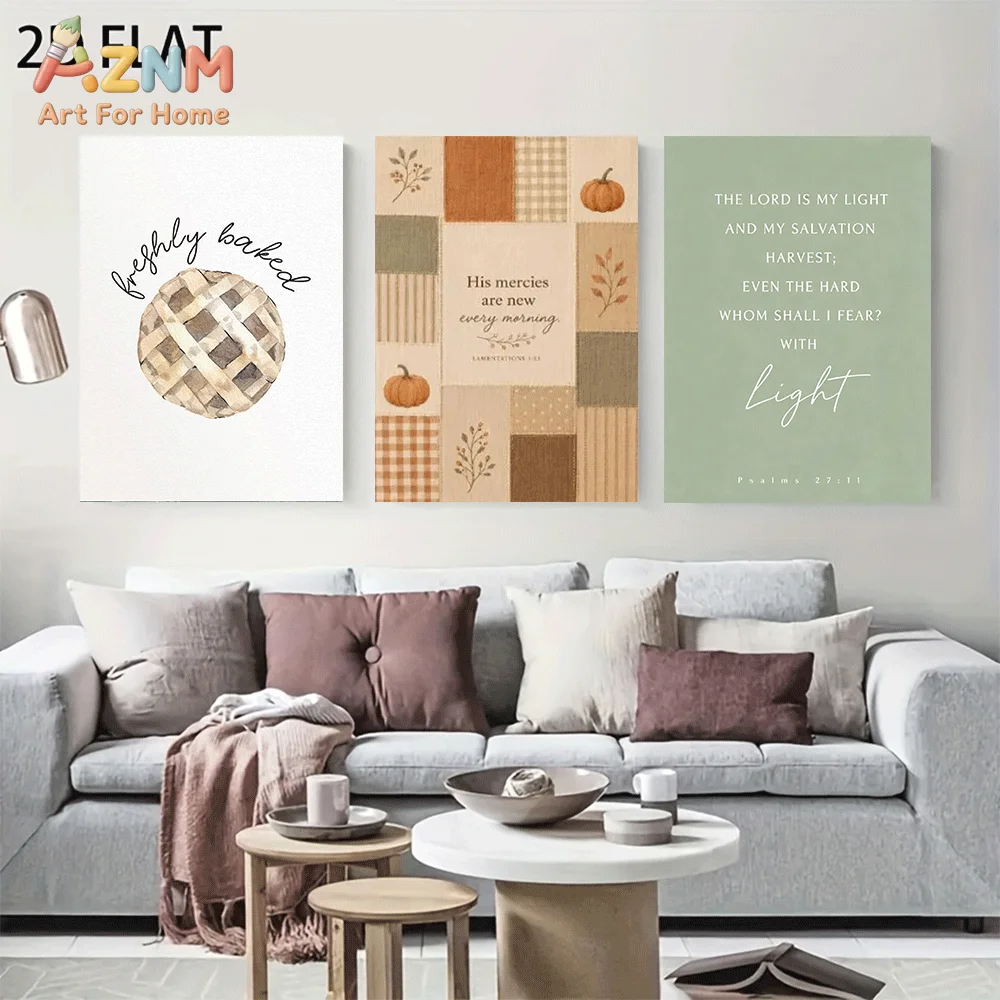 AZNM Frameless Canvas Wall Art, Fall Harvest Bible Verse Print, Pie Pumpkin Plaid Patchwork Text Art Poster for Kitchen Dining R