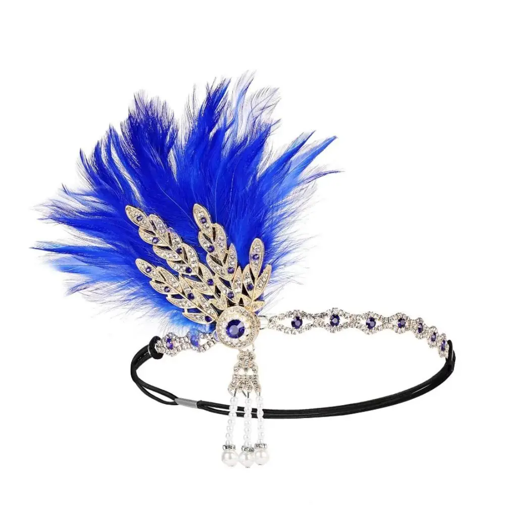 Trendy Elegant Feather Headband 1920s Vintage Cosplay Dress Headwear Makeup Party Diamond Masquerade Hair Band Girls