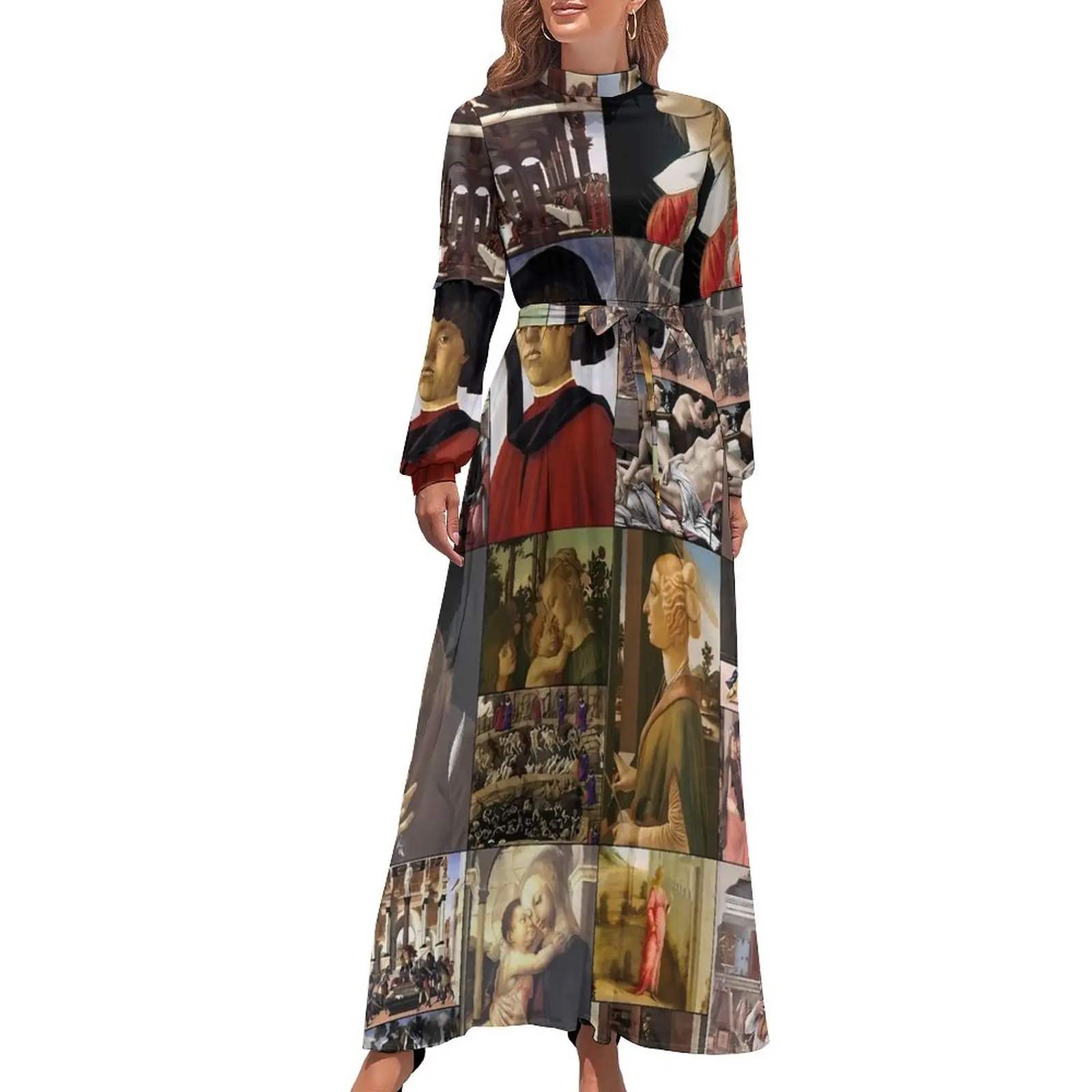 

Sandros Botticelli Dress Patchwork Print Street Wear Beach Dresses Female Long-Sleeve High Waist Modern Long Maxi Dress