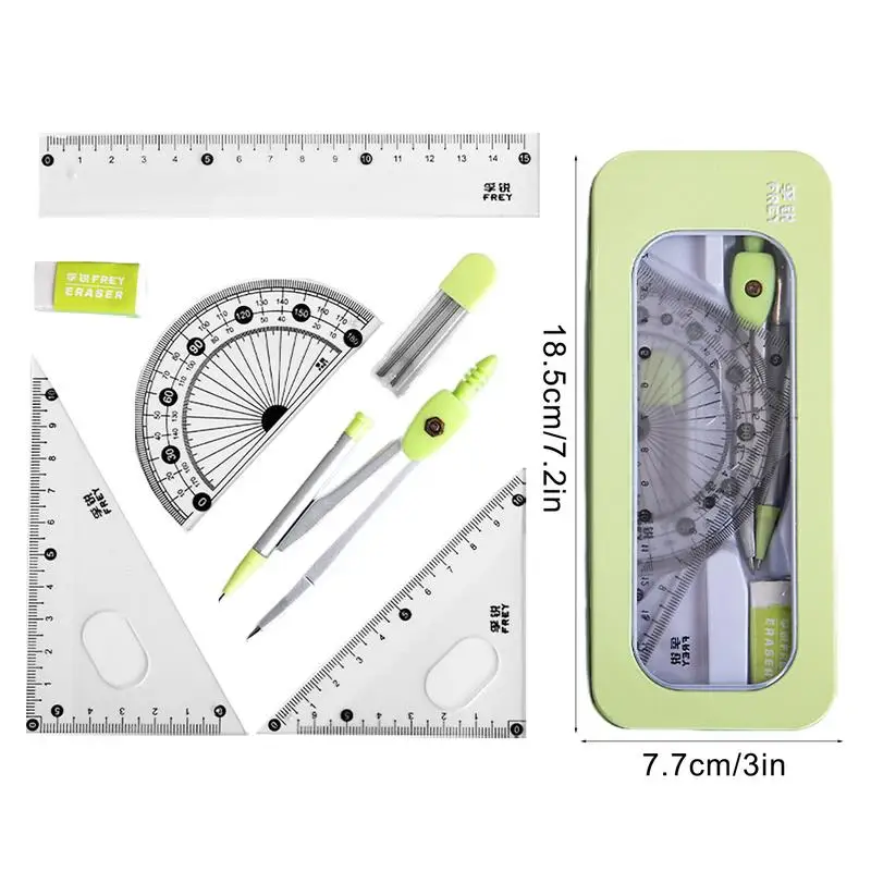 7PCS Stainless Steel Compass Set Math Geometry Tools with Eraser Ruler Student Carpenter Drafting Drawing School Supplies