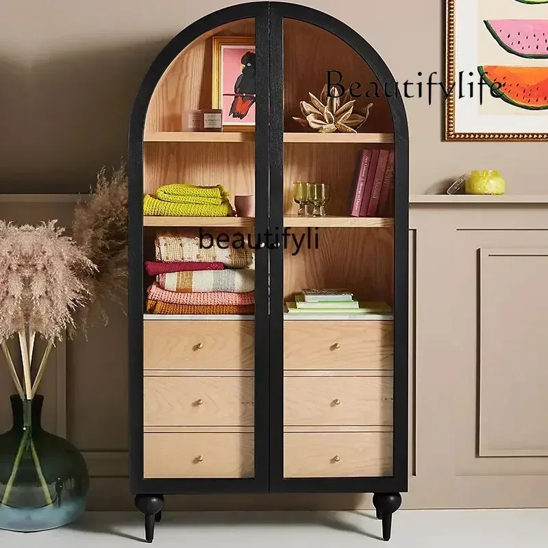 Retro Black Arched Double Door Solid Wood Bookcase American Color Matching Glass Storage Cabinet Sideboard Cabinet