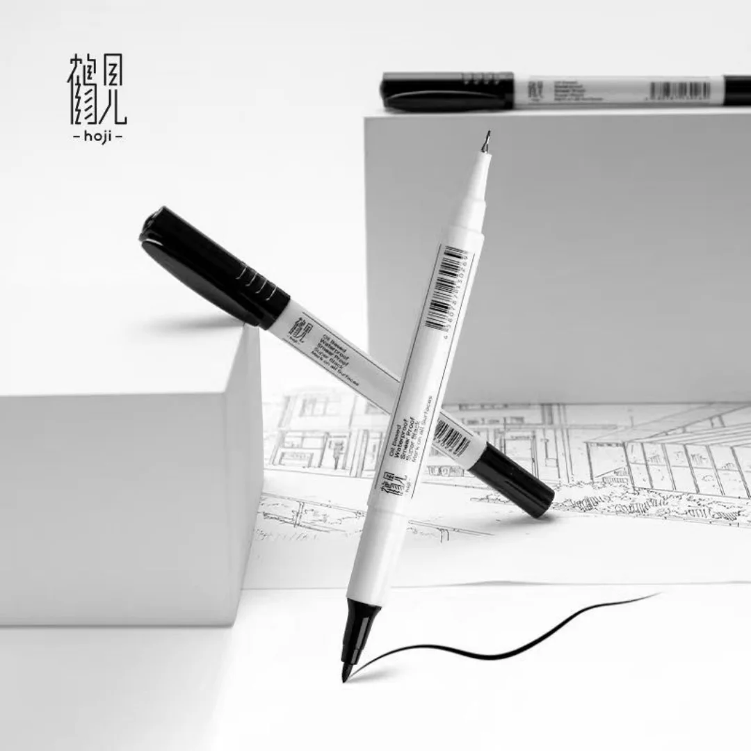 

Двуглавый тонкий художественный маркер, на масляной основе, черные, водонепроницаемые, сверхчерные чернила